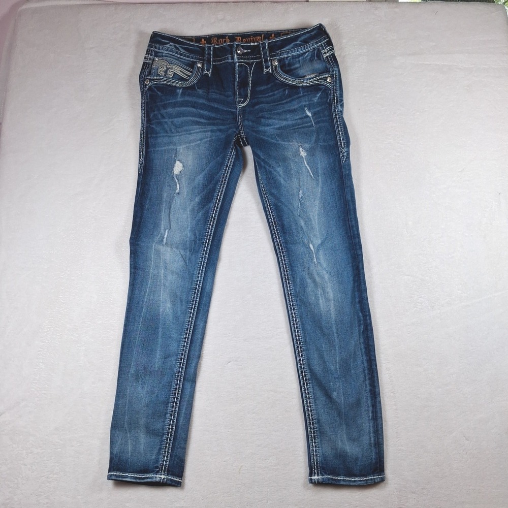Rock Revival Brielle Skinny Jeans Medium Wash Distressed Embroider Size 30x28.5"